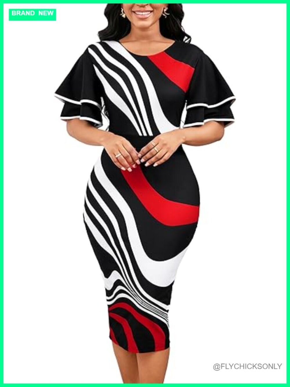Bodycon Midi Pencil Dress with Short Ruffled Sleeves